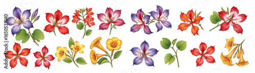 Colorful floral illustration featuring various flowers in vibrant shades.