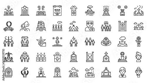War Consequences Line Icon Set with Destruction, Displacement, Humanitarian Crises, Refugee Camp, Mass Migration, Power Outage, Graveyard, and Orphan Child Thin Linear Illustration
