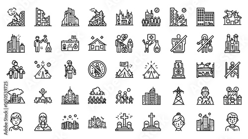 War Consequences Line Icon Set with Destruction, Displacement, Humanitarian Crises, Refugee Camp, Mass Migration, Power Outage, Graveyard, and Orphan Child Thin Linear Illustration
