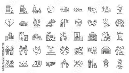 War Consequences Line Icon Set with Destruction, Displacement, Humanitarian Crises, Refugee Camp, Mass Migration, Power Outage, Graveyard, and Orphan Child Thin Linear Illustration

