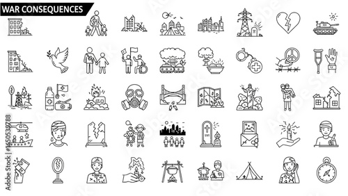 War Consequences Line Icon Set with Destruction, Displacement, Humanitarian Crises, Refugee Camp, Mass Migration, Power Outage, Graveyard, and Orphan Child Thin Linear Illustration
