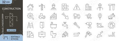Construction icons set. Includes building, tools, crane, helmet, bricks, blueprint, engineer, safety, and architecture elements. Editable stroke. Line icons. Perfect for infographics and real estate.