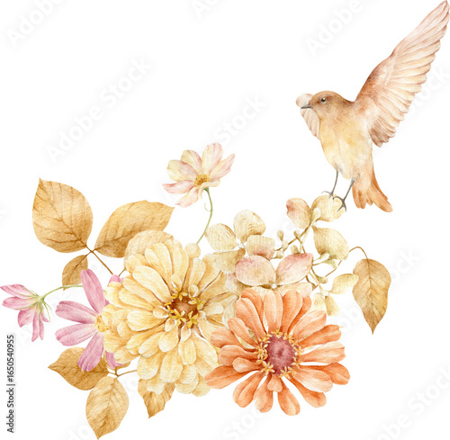 Watercolor Autumn Floral and Bird Bouquet Illustration