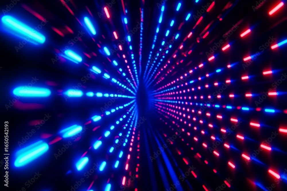 Obraz premium A dynamic background of blue and red neon lights forms an abstract grid pattern, with the glow creating an immersive tunnel effect that adds energy 