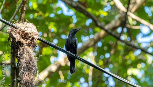 Black bird perched on wire near a nest in lush green foliage