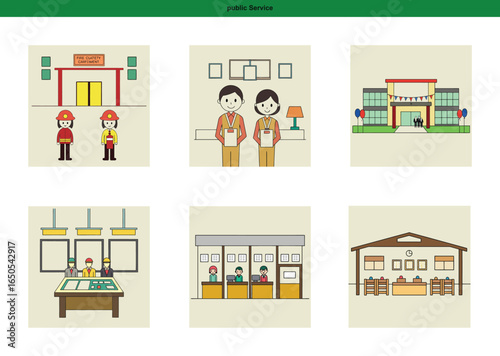 Public Service Icons Set – Hospital, School, Office, Voting Booth, Factory, Community Center Illustrations