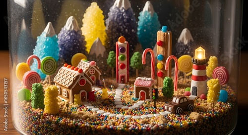 Miniature candy village in a glass terrarium with gingerbread houses and gummy bear trees.