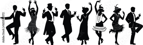 Art & Illustration1920s retro party dancers silhouette, elegant men and women in vintage fashion, dancing poses perfect for Gatsby, jazz, and swing designs1920s retro party dancers silhouette
