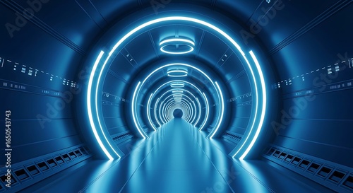 Fototapeta Naklejka Na Ścianę i Meble -  Luminous circular corridor, futuristic space station with vibrant neon lighting