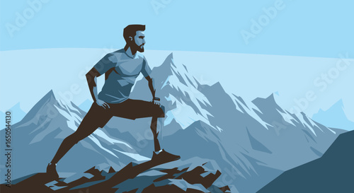 Graphic vector illustration of a fit man stretching on a mountain summit, symbolizing achievement, determination, and a healthy active lifestyle