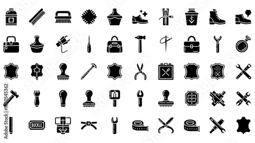 Leather and Shoe Repair Service Line Icon Set for Footwear Care, Bag Restoration, Customization, and Leathercraft Tools Vector Illustration
