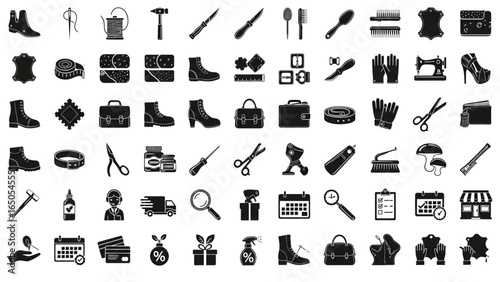 Leather and Shoe Repair Service Line Icon Set for Footwear Care, Bag Restoration, Customization, and Leathercraft Tools Vector Illustration
