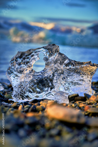 The ice crack on the black stone beach in jokulsarlon glacier lagoon , Travel road trip in Iceland.