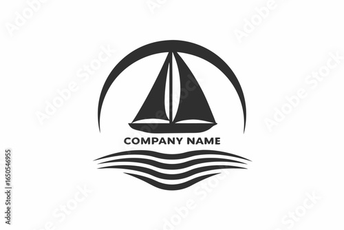 Sailing Boat Icon with Waves and Arcs on a Clean White Background