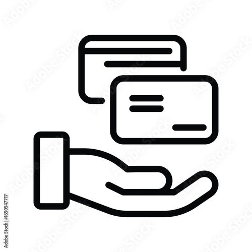 A hand offering two credit cards rendered in a simple black outline style, web icons in line style. Editable stroke