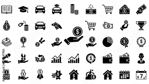 Personal Finance Planning Glyph Icon Set with Education, Graduation, Car, Purchase, Debt, Payment, Pie Chart, Wallet, Investment, Mortgage, and Calendar Silhouette Symbols
