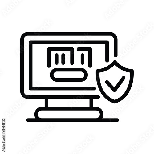 A line drawing of a desktop computer with a shield and checkmark implying security, web icons in line style. Editable stroke