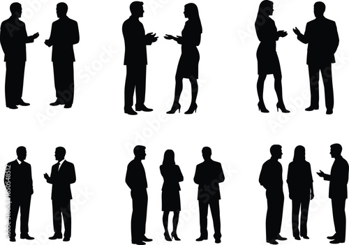 Business people silhouettes in professional attire, multiple conversations, teamwork, networking, communication, 