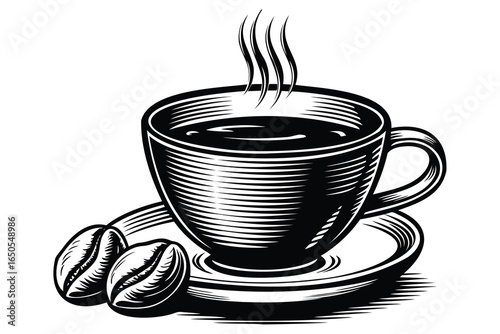 Vintage black and white illustration of hot steaming coffee cup with saucer and roasted coffee beans