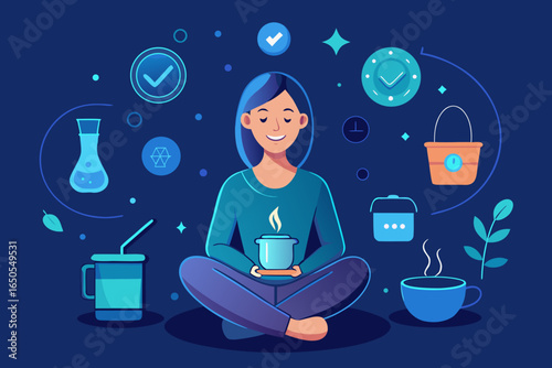 Woman sitting in cafe with cup of coffee, smiling, surrounded by floating icons: vacuum cleaner, pot, laptop, laundry basket
