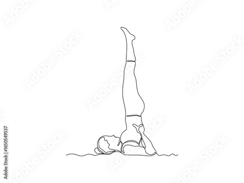 Abstract woman does exercises, fitness,aerobics,yoga, stands on her shoulders in the birch pose, Sarvangasana, continuous single one line art hand drawing sketch logo