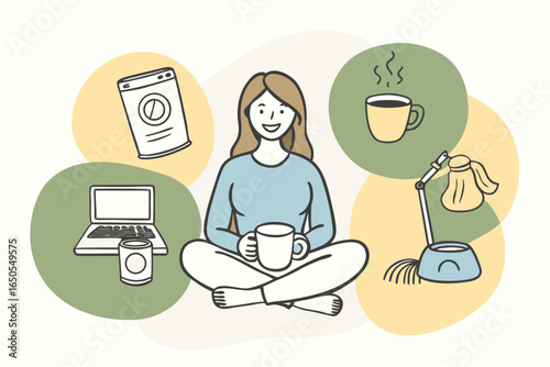 Woman sitting in cafe with cup of coffee, smiling, surrounded by floating icons: vacuum cleaner, pot, laptop, laundry basket