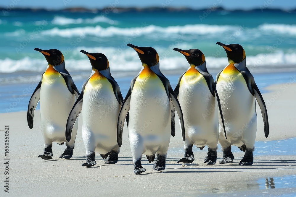 Fototapeta premium Seven penguins walking on white sandy beach with blue sea in the background, wildlife scene of tropical coastline, natural behavior of birds