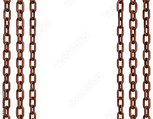 Dark, rusty chains hanging vertically, forming a spooky frame isolated on a black background.
