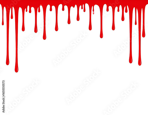 Stylized glossy red blood drips on a black background, ideal for horror and Halloween design elements.