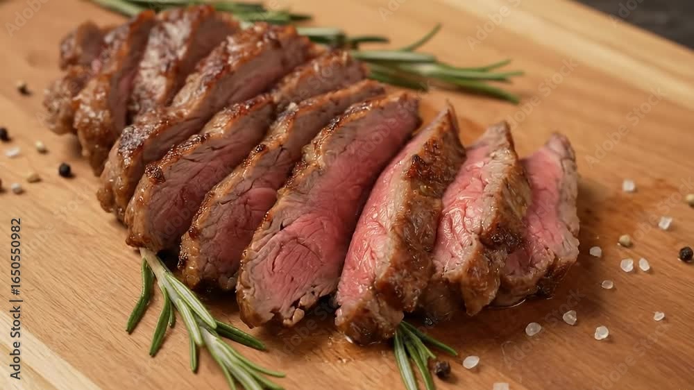 Sliced steak resting on a wooden board garnished with rosemary sprigs peppercorns and sea salt flakes Sliced steak resting on a wooden board garnished with rosemary sprigs peppercorns and sea salt flakes