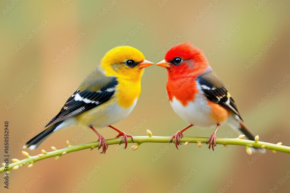 Fototapeta premium Vibrant Western Tanagers A Pair of Beautiful Birds Perched on a Branch Close Up Nature Photography Stunning Wildlife Portrait