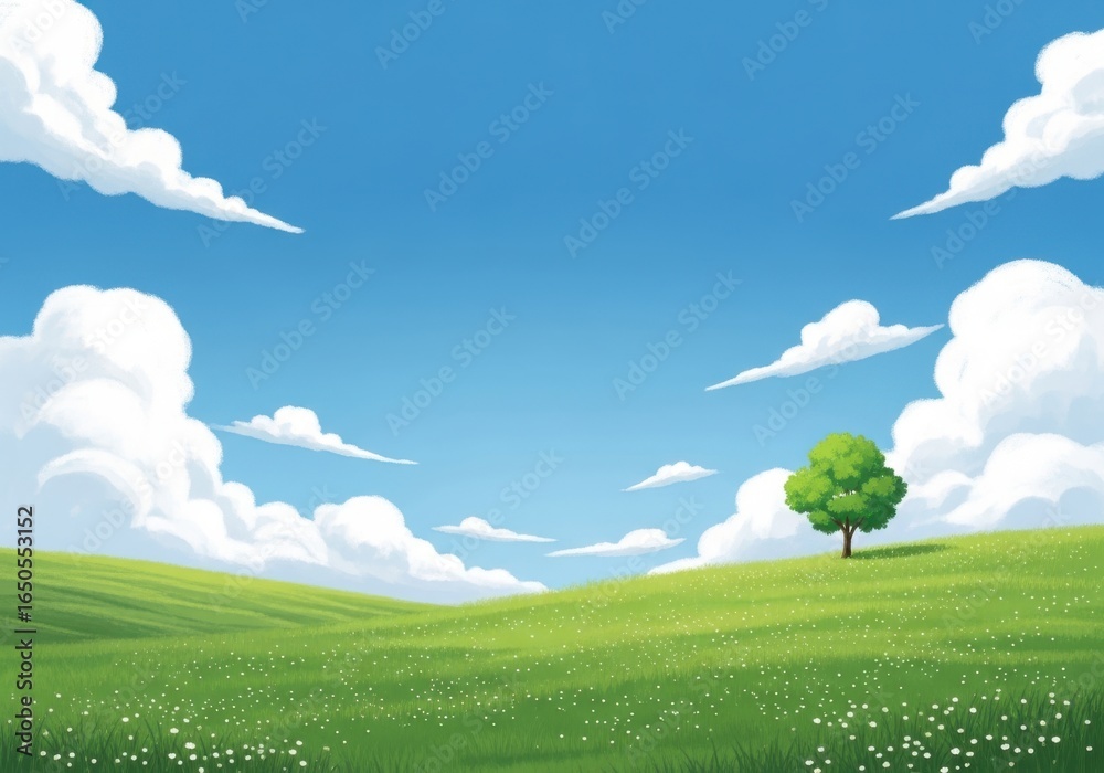 Fototapeta premium A vibrant green tree stands alone on a rolling hill under a bright blue sky filled with fluffy white clouds on a sunny day