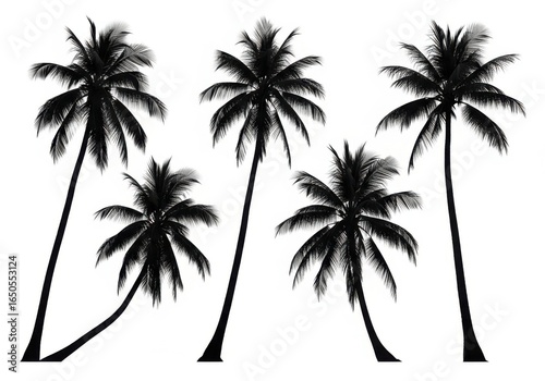 Five palm trees isolated on white background, tropical nature and vacation concept