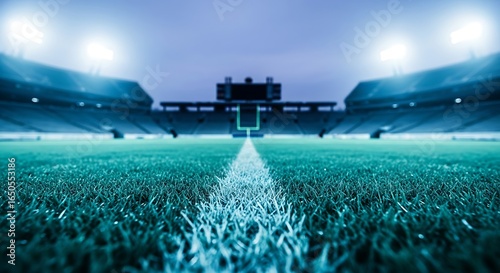 Night Football Stadium:  Dramatic Low-Angle View of Field, Yard Line, and Lights.