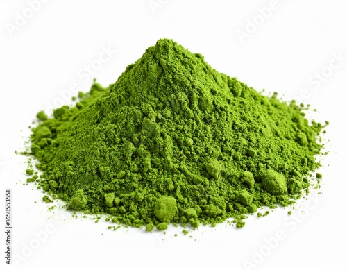 A close-up of ceremonial matcha being prepared, showcasing its rich color and fine texture perfect for themes of natural energy, and mindful rituals. Versatile matcha powder, white background 