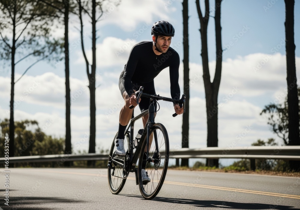 Obraz premium A man wearing a helmet rides a bicycle on a paved road surrounded by trees on a sunny day