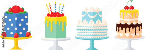 Colorful decorated cakes, birthday cake designs, layered cakes on stands, celebration desserts, festive cakes with candles,