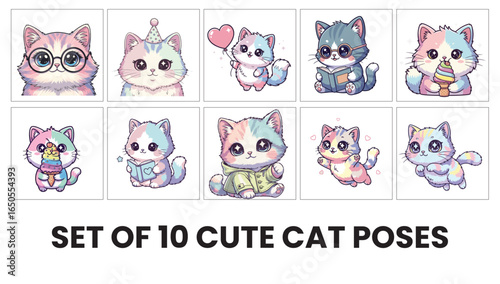 Kawaii Cute Cat Vector Set – Fun Cartoon Kitten Poses Clipart Pack