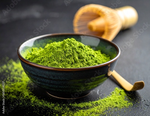 A close-up of ceremonial matcha being prepared, showcasing its rich color and fine texture perfect for themes of natural energy, and mindful rituals. Versatile matcha powder, white background 