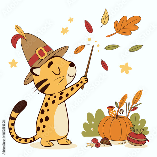 Delightful Peaceful Leopard in a Thanksgiving scene with with a magic wand – Harvest Blessings vector illustration