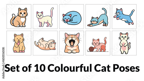Colorful Cat Vector Set – Cute Cartoon Kittens in Fun Poses Clipart
