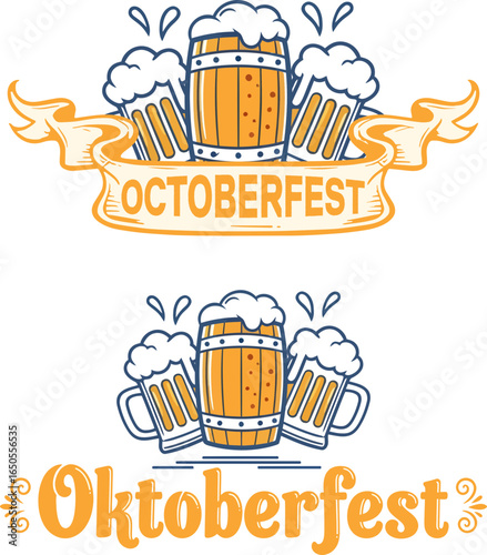 Two vector art of oktoberfest logo or t shirt graphics with beer mugs, foam and ribbon isolated on white background editable SVG format.