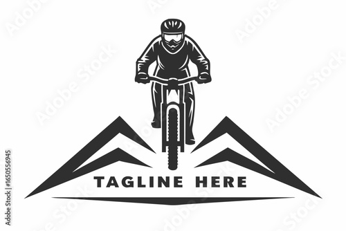 Mountain Biker Icon Above Peaks in Format with White Background