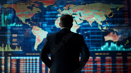 Businessman analyzing global market trends office environment digital display professional viewpoint business insights