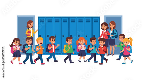 Back to School: Illustrative of diverse students at their locker in school corridor, each with backpack and eagerness, creating a welcoming scene of education
