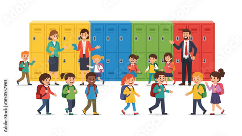 School Locker Room Illustration: Lively school kids, along with caring educators, gather beside colorful lockers, painting a vibrant portrait of the school environment and welcoming the new beginning.