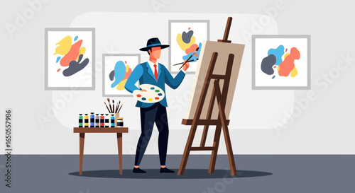 Artist Painting on Canvas in Art Studio with Easel and Brushes – Creative Artwork and Painter Illustration