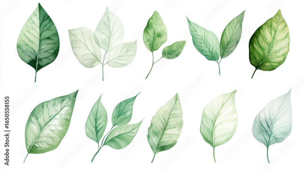 Fototapeta premium Capturing the essence of green leaves a botanical watercolor collection in a serene nature setting