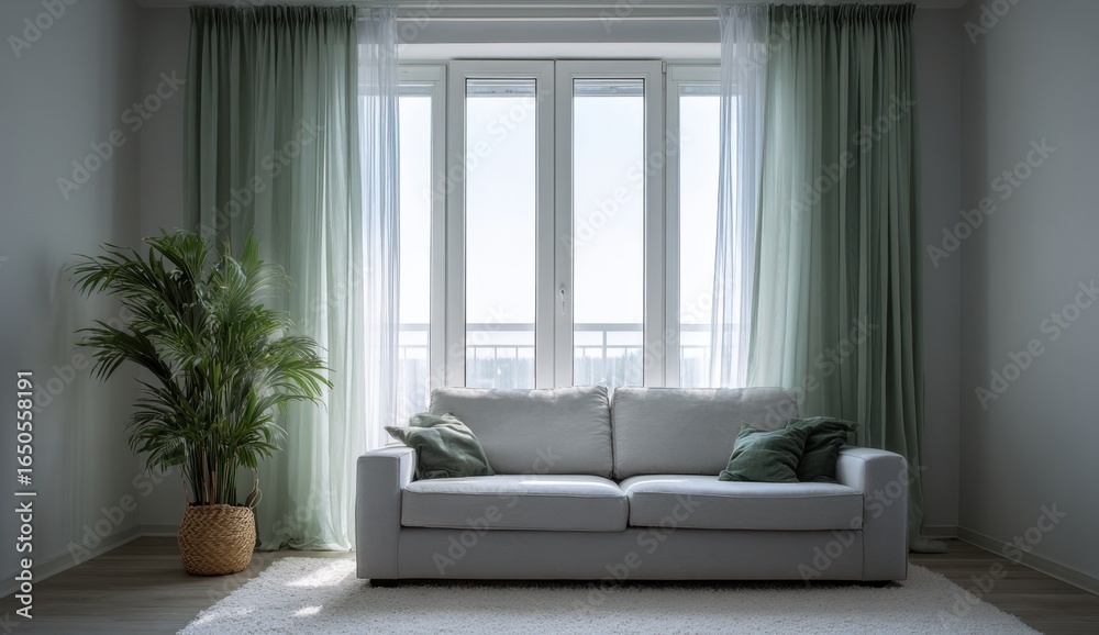 Fototapeta premium Bright and airy living room with large , modern sofa, and indoor plant for a cozy, minimalist home interior