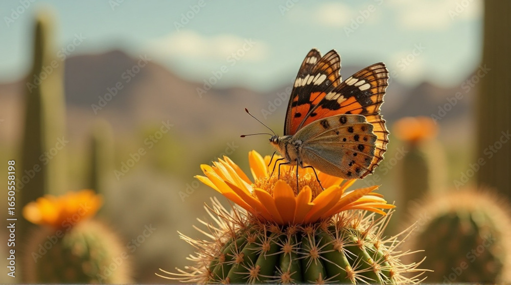 Obraz premium Vibrant butterfly sips nectar from bright desert cactus bloom, showcasing nature's delicate beauty